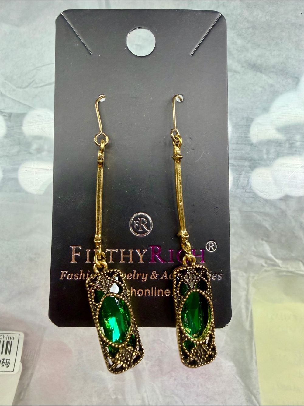 Filthy Rich Gold-Tone Earrings with Green Gemstone